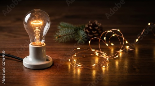 Classic glowing bulb and modern LED wire lights with pine and cone