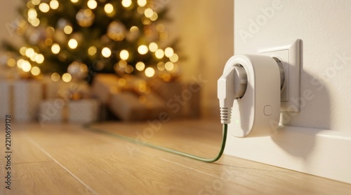 Smart plug powering Christmas lights with warm bokeh tree behind