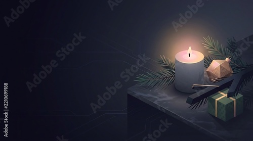 Candle Burning with Holiday Decoration and Gift Box on Dark Background