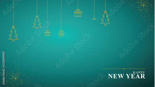 Teal New Year background banner with elegant gold outline ornaments