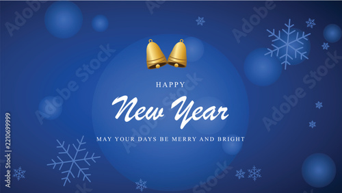 Blue New Year greeting card banner with gold bells and bokeh light