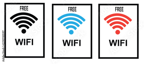 Set of three rectangular signs featuring free wifi connectivity symbols in different colors