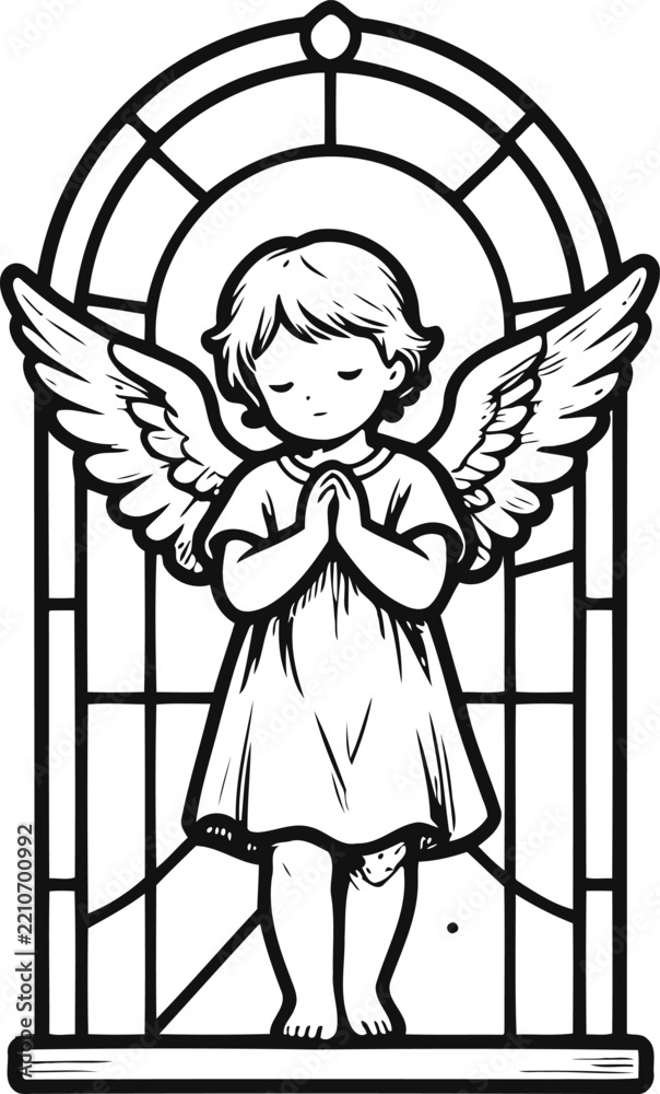 Obraz premium Praying angel with wings standing in front of stained glass window religious illustration