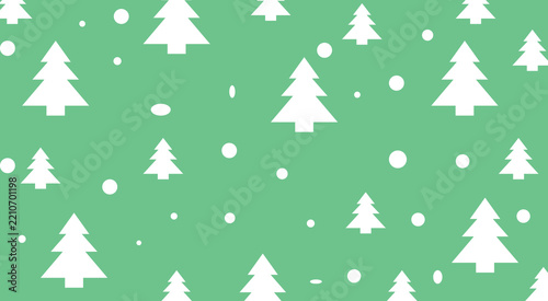 Seamless christmas pattern featuring white pine trees and snow circles on a light green background