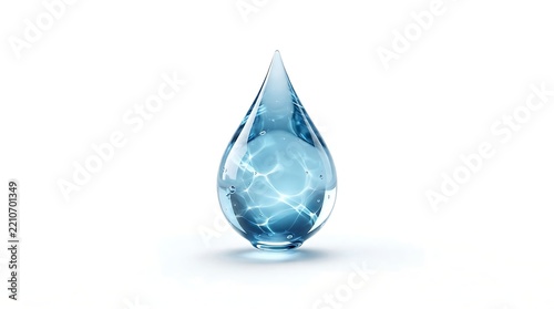 Close up of a single clear water drop against a clean white background with soft shadows