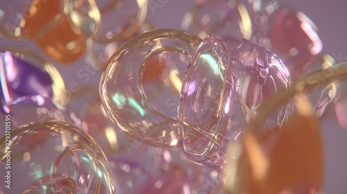 bubbles floating through colorful atmospheric light, cyan, pink, orange, violet, and yellow tones, glossy surfaces