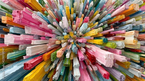 of colorful geometric particles expanding from the center, vibrant gradients, tiny fragments, dynamic motion, energetic background
