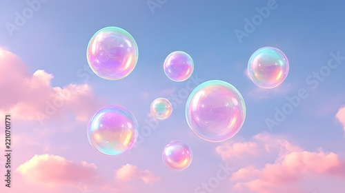 bubbles floating through colorful atmospheric light, cyan, pink, orange, violet, and yellow tones, glossy surfaces