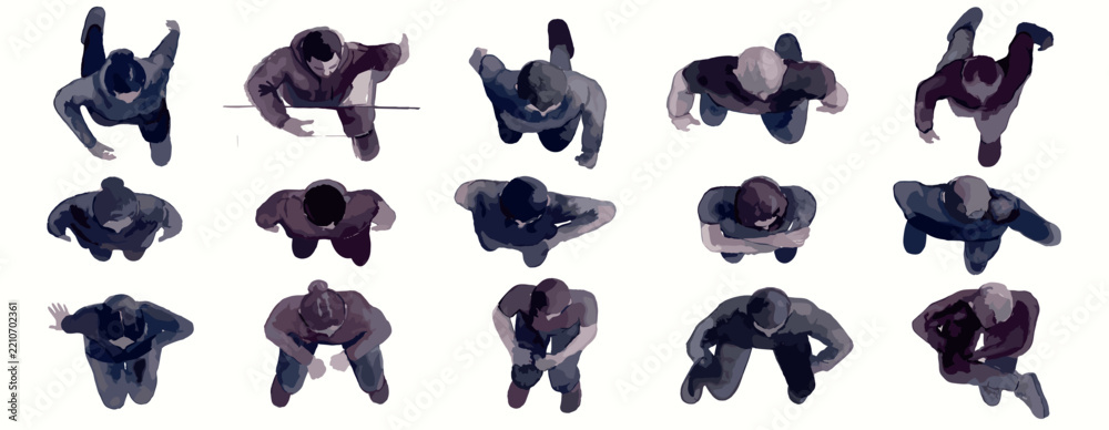 Fototapeta premium set of people walking, standing, sitting top view lifestyle concept silhouette for architectural. men and women. black shadow plan vector illustration