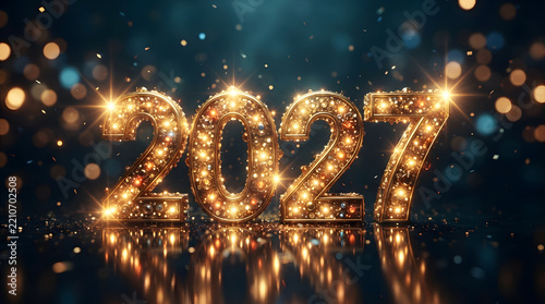 Golden glittering numbers 2027 on dark teal background with bokeh lights and reflections