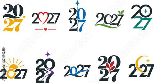 Set of 2027 typography vector logos, stylized new year numbers, and creative festival design elements.