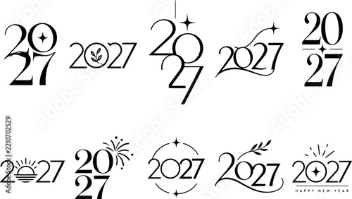 Minimalist 2027 New Year Typographic Logo Set, Black Line Art Numbers Typography, Elegant Calendar Date Symbols