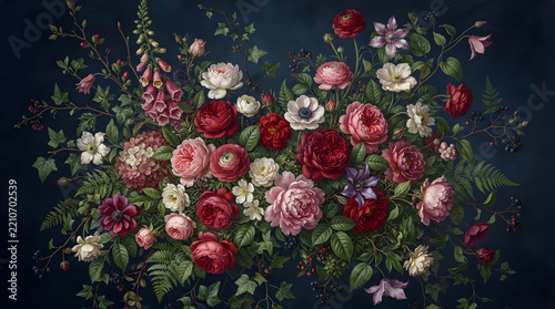 Luxurious floral arrangement with roses peonies and wildflowers in a dark moody style