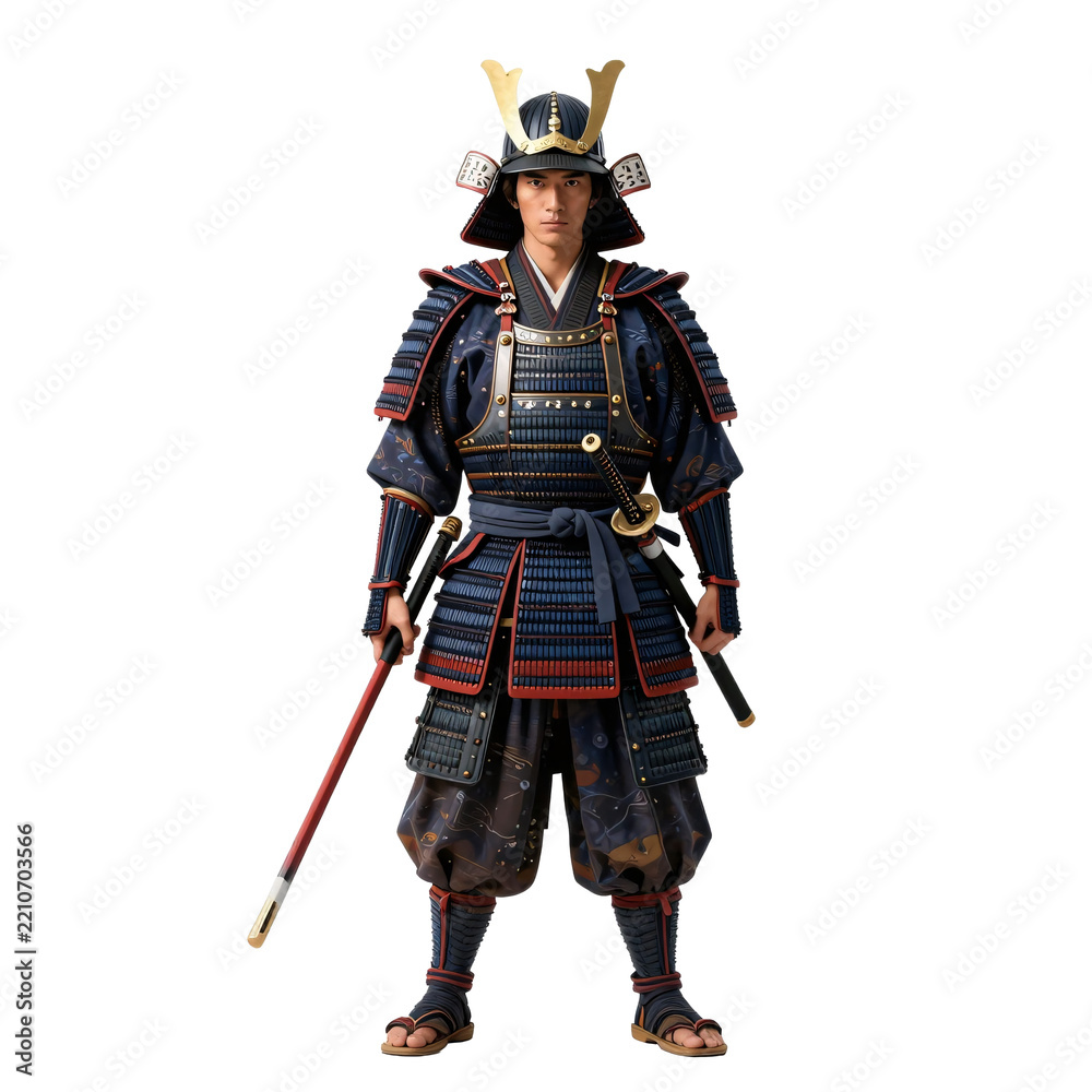 Fototapeta premium Full body portrait of a Japanese samurai warrior in ornate armor holding a sword