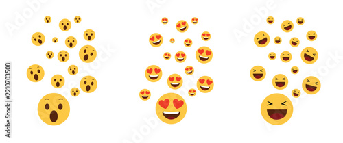 Vector set of floating social media reaction emojis including surprised face, heart eyes love face, and laughing out loud faces isolated on white background.