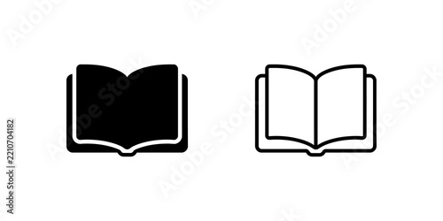 Open book icon set featuring solid and linear styles for digital study.