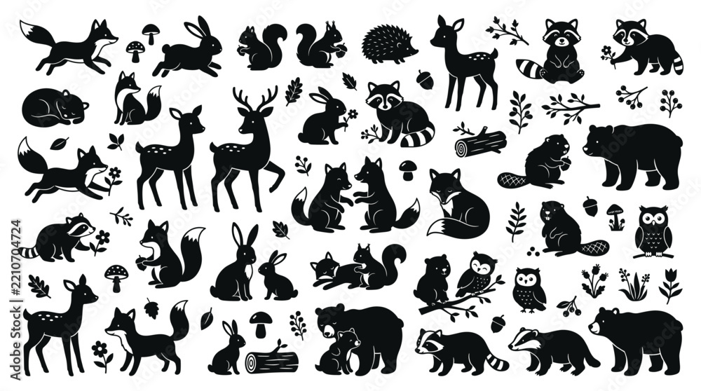 Obraz premium Black Animal Silhouette Vector Collection with Cat, Dog, Bear, Tiger, Bird and Cute Domestic Wildlife Icons Isolated on White Background