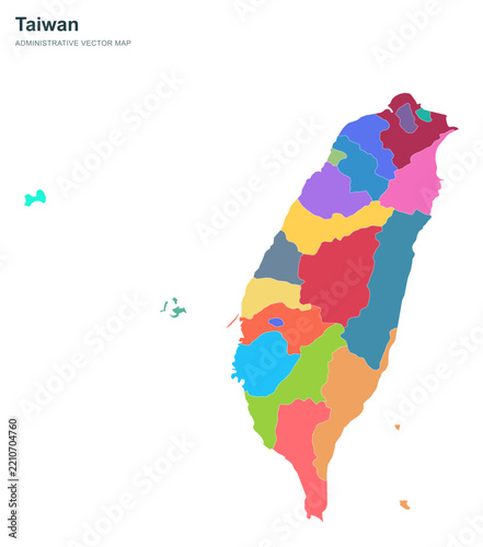 Taiwan administrative map highlights county borders in vibrant colors.