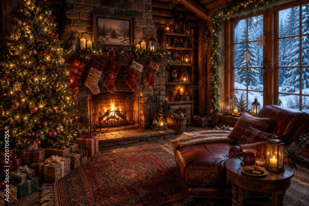 Obraz premium Cozy Christmas cabin fireplace beside snowy forest window
