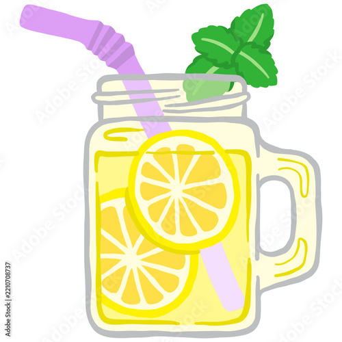 fresh homemade lemonade in clear handled mason jar with lemon slices fresh mint leaves and straw colorful flat doodle hand-drawn