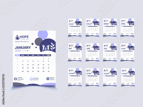 2023 Calendar Design with Hope Theme and Family Silhouette against White Background