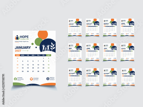 2027 Calendar Layout with Hope Foundation Logo and Family Silhouette in Clean Design
