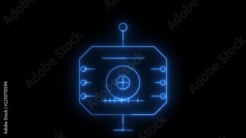 Glowing blue digital interface panel with target reticle and technical telemetry gauges on black background