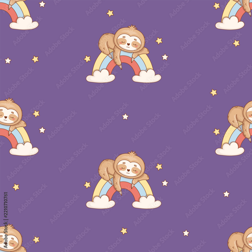 Obraz premium Seamless Pattern Cute Kawaii Sleeping Sloth on Rainbow with Clouds and Stars. Resting Dreamy Baby Cartoon Animal on Dark Purple Background. Vector Illustration. Kids collection for Repeat Design.