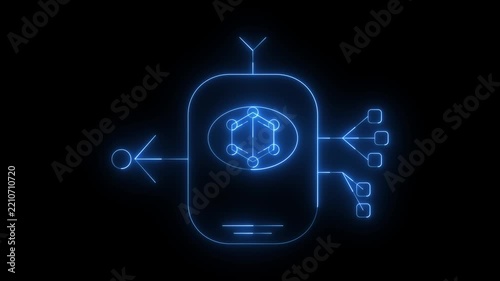 Neon blue cybernetic device outline with molecular structure display and data transmission nodes