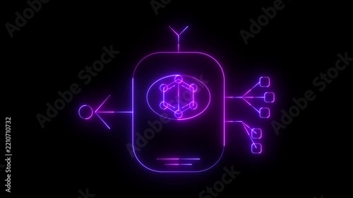 Neon purple and blue cybernetic device outline with internal molecular structure and branching data lines