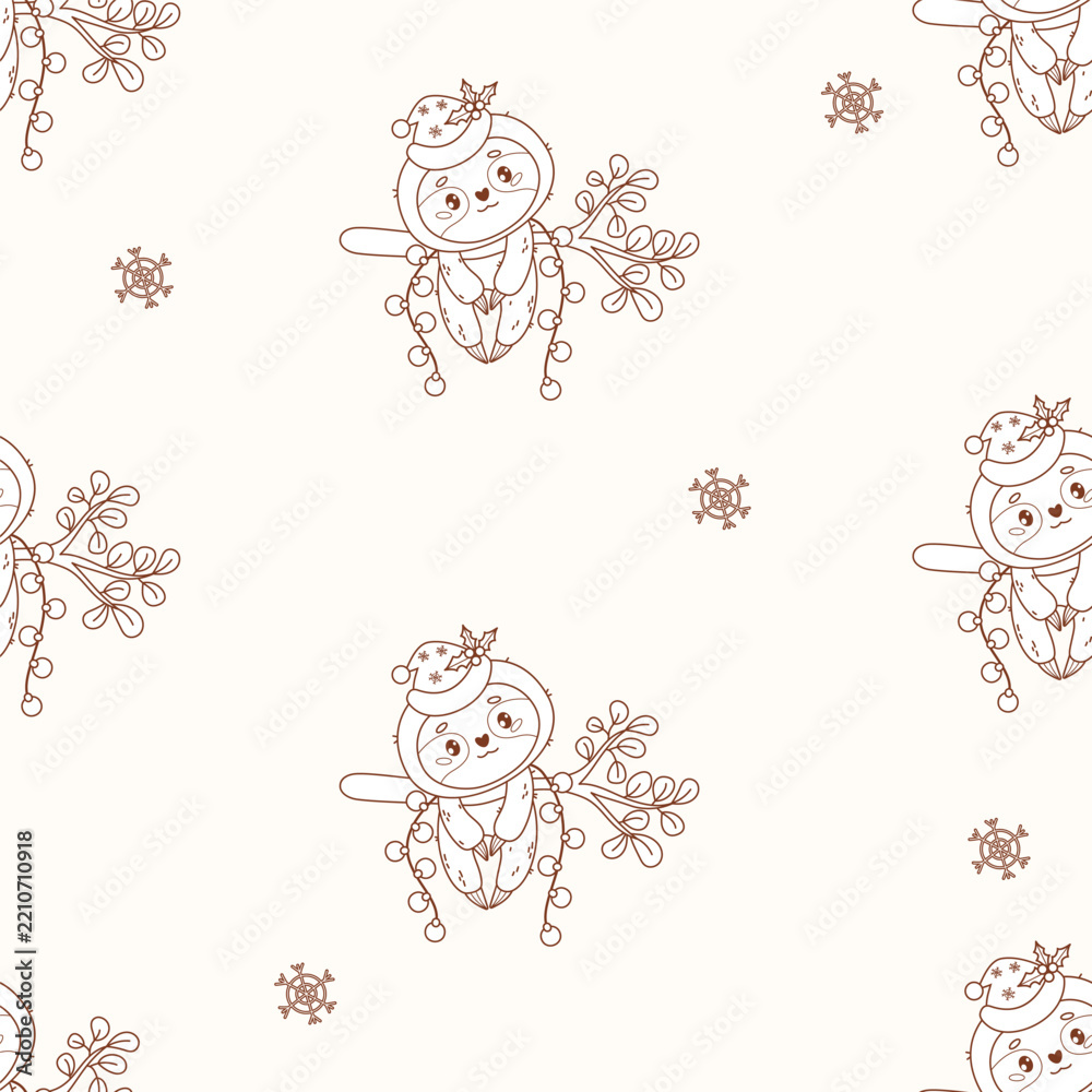 Obraz premium Outline Christmas Cute Sloth Seamless Pattern. New Year Kawaii Animal Hanging on Branch with Santa Hat with Mistletoe and Garland Baubles on White Background. Vector Illustration Line Art, Coloring.