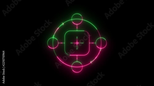 Dynamic rotating circular neon interface with central square node and glowing data connections