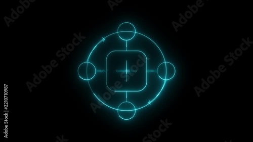 Rotating circular glowing blue interface with central square node and orbital connectivity points