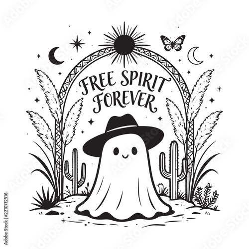 Free Spirit Forever Cute Ghost Cowboy Hat Boho Desert Vector Graphic Illustration