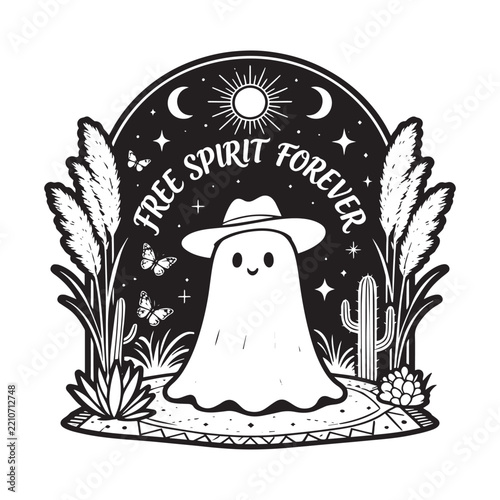 Free Spirit Forever Cute Ghost Cowboy Hat Boho Desert Vector Graphic Illustration
