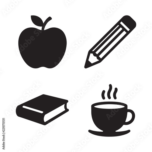 School Education Vector Icons Set Featuring Apple Pencil Book And Coffee Cup