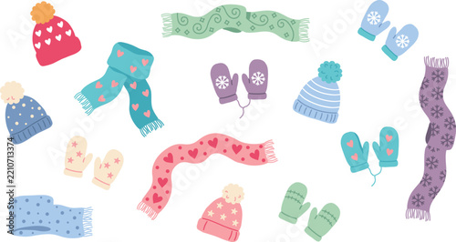 Fotografie Vector collection of cute winter accessories including cozy knitted hats with po
