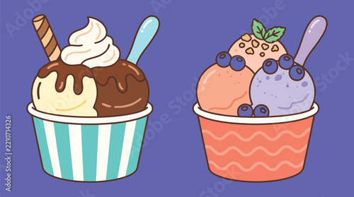 Cute Ice Cream Cups and Spoons Set, Playful Hand Drawn Food Doodle Vector Illustration