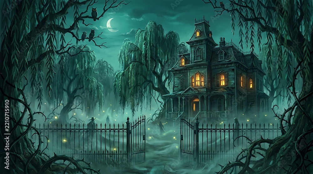 Obraz premium Spooky haunted mansion at night with glowing windows, eerie fog, bare trees, and a crescent moon