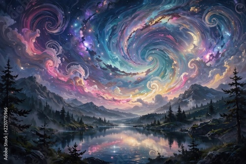 Cosmic Nebula Over Mountains and Reflective Lake