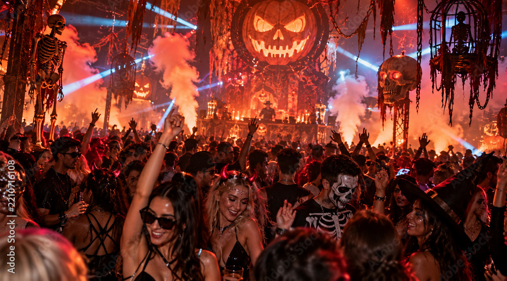 Naklejka premium Massive Halloween nightclub party with costumed crowd dancing under red lights, giant jack-o-lanterns, skeletons, smoke and spooky decorations