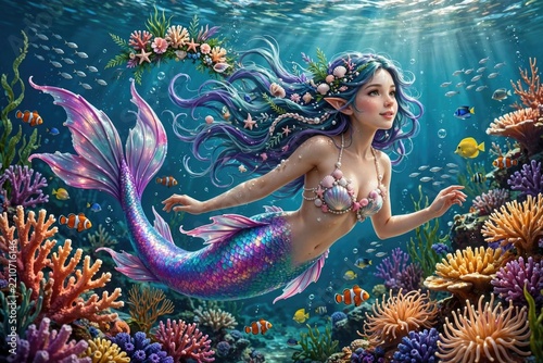 Ethereal Mermaid in Vibrant Tropical Coral Reef