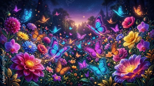 Magical Night Garden with Glowing Flowers and Stars