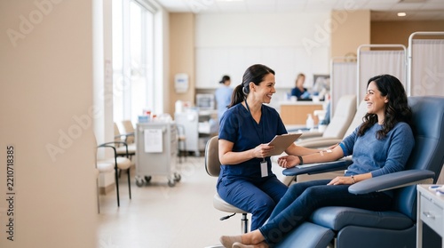 A friendly healthcare worker in blue scrubs holding a clipboard while attending to a smiling woman sitting in a blood donation chair