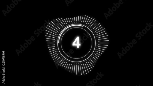 white countdown timer animation with radial audio spectrum bars and glowing circle numbers on black