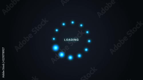 glowing blue neon dots circular loading spinner animation with loading text on dark background