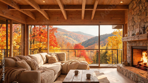 Cozy cabin living room with roaring fireplace and stunning autumn mountain view, fall backdrop, virtual meeting background, ms teams background, zoom meeting backdrop, digital meeting background