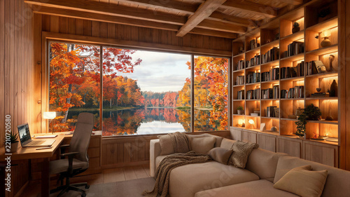 Cozy home office with a stunning mountain lake view in autumn, digital backdrop, virtual meeting background, ms teams background, zoom meeting backdrop, digital meeting background