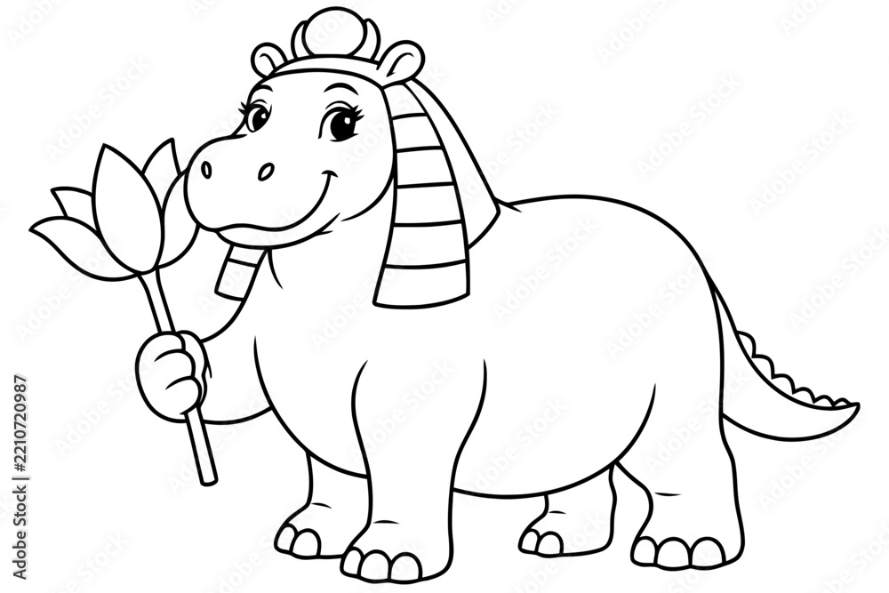 Fototapeta premium Cartoon Hippopotamus with Lotus Flower: A charming cartoon hippopotamus, adorned with an Egyptian headdress, holds a delicate lotus flower in its hand.