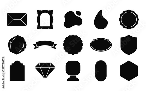 Collection of black badge silhouettes with various shapes and frames isolated on white background silhouette